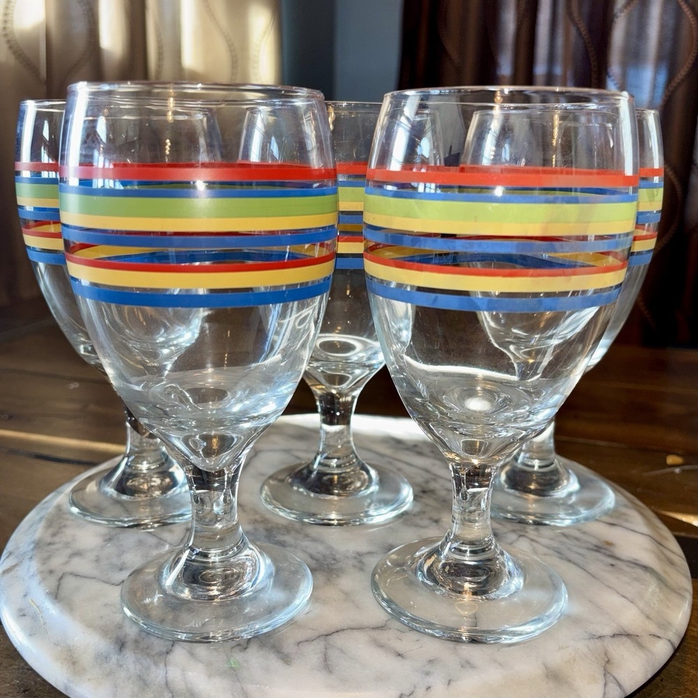 SETof5 VTG Libbey Mambo Fiesta Multi Striped Wine Water Glasses Stemmed Goblets